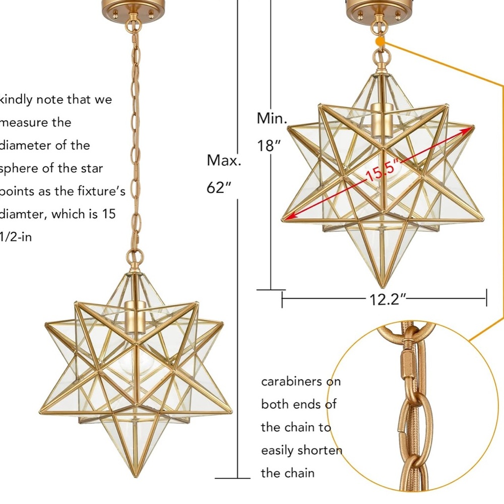 DANSEER Moravian Star Light Modern Brass Pendant Light 15 Inches with Clear Glas - Picture 2 of 3